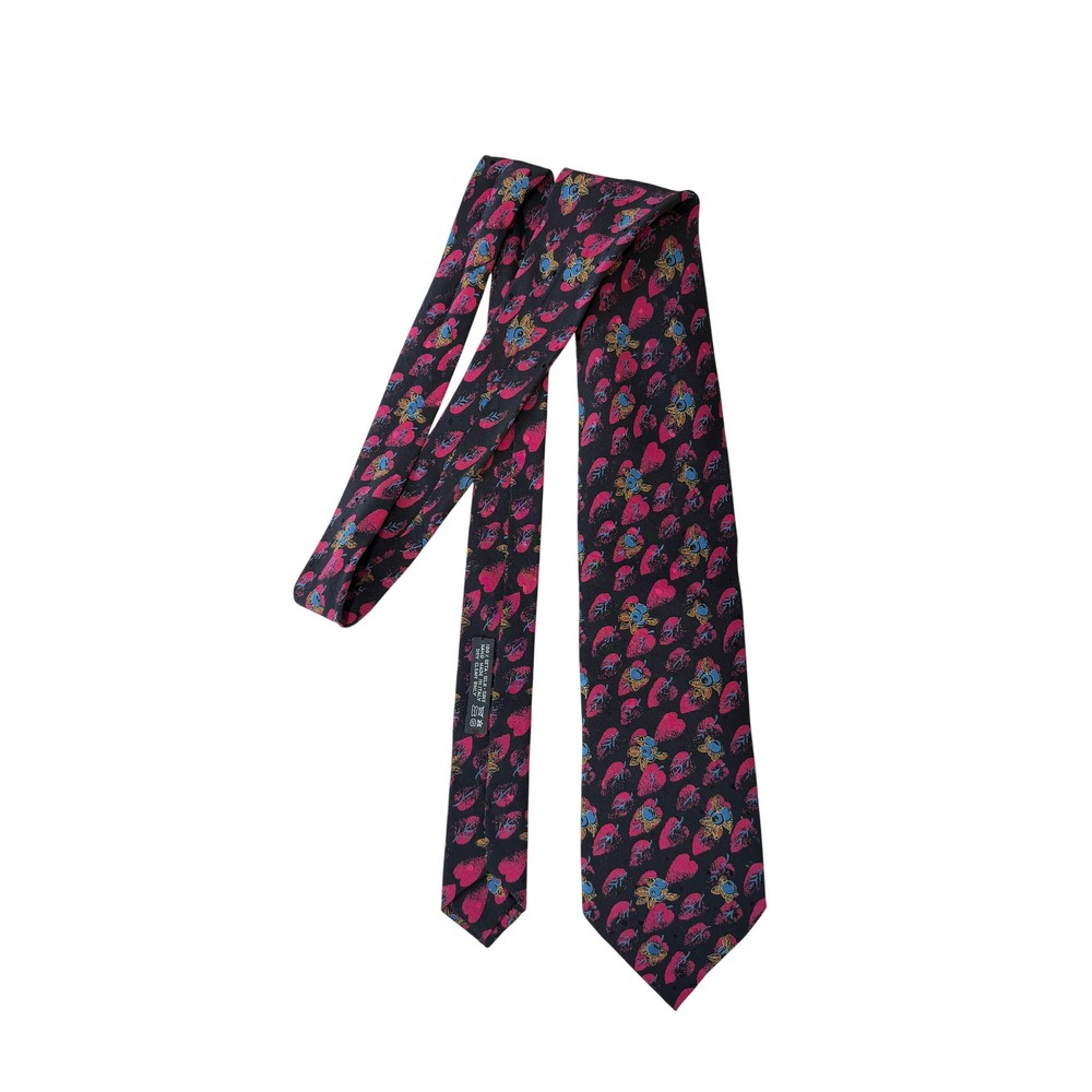 Brioni VTG 90s Roma Mens Silk Tie Black Pink Blue Floral Leaf Made in Italy